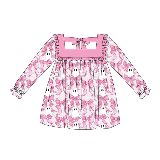 Preorder moq 5 Baby Girls Long Ruffle Sleeves Pink Bows Ghosts Knee Length Dresses