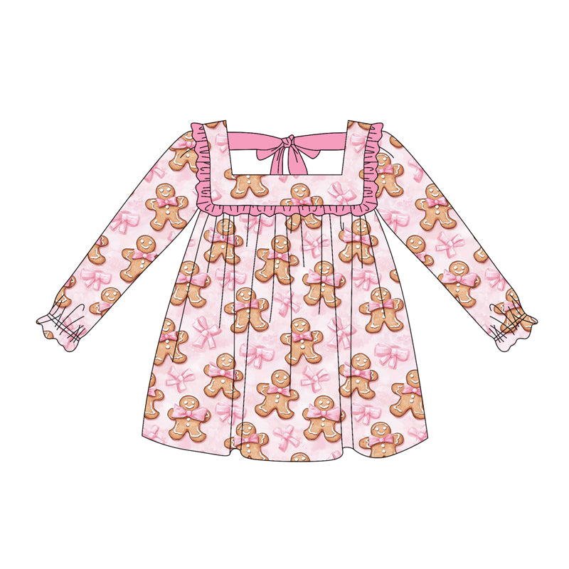 Baby Girls Long Ruffle Sleeves Pink Bows Gingerbread Knee Length Dresses Preorder