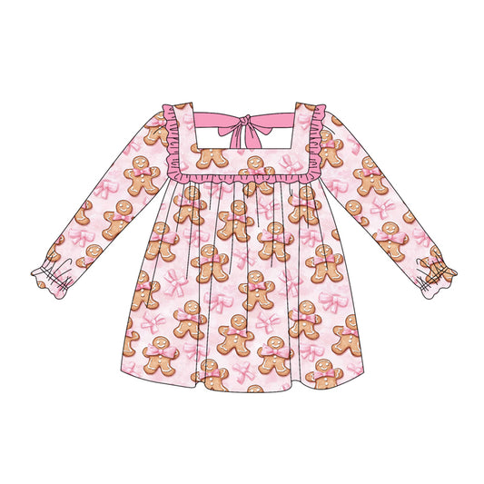 Baby Girls Long Ruffle Sleeves Pink Bows Gingerbread Knee Length Dresses Preorder