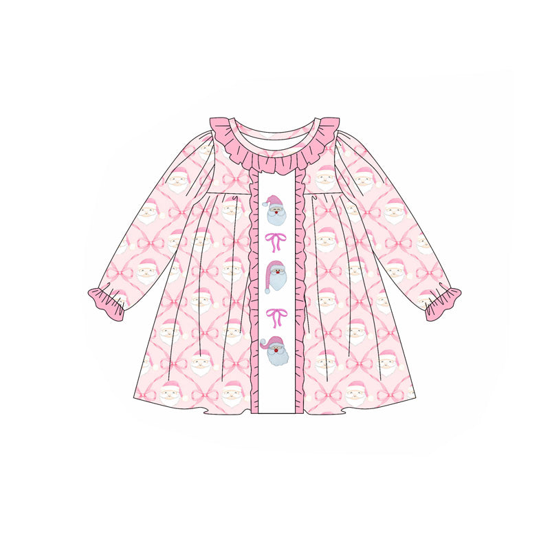 Baby Girls Long Ruffle Sleeves Pink Bows Santa Plaid Knee Length Dresses Preorder