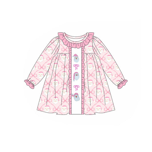 Baby Girls Long Ruffle Sleeves Pink Bows Santa Plaid Knee Length Dresses Preorder