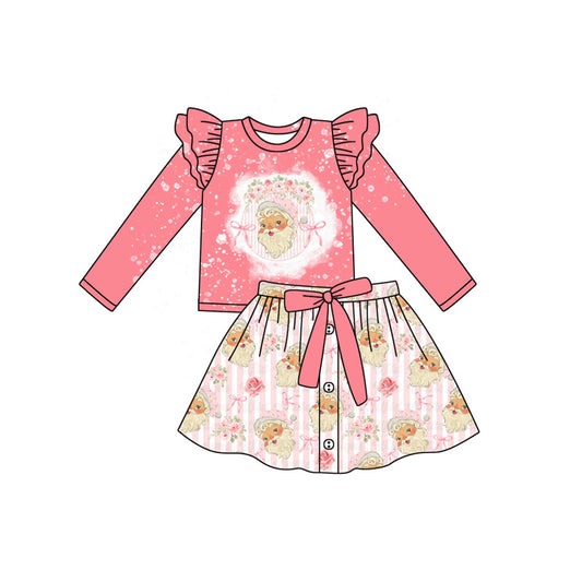 Baby Girls Pink Long Sleeves Bows Santa Top Button Short Skirts Set Preorder