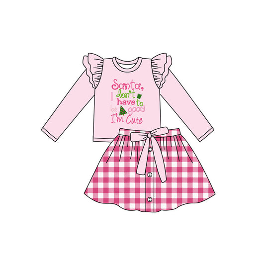 Baby Girls Pink Long Sleeves Santa,I'm Cute Top Button Plaid Short Skirts Set Preorder