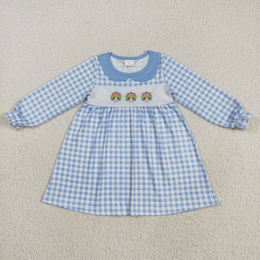 Embroidery Baby Girls Blue Checkered Thanksgiving Turkey Ruffle Knee Length Dress