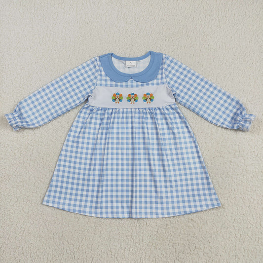 Embroidery Baby Girls Blue Checkered Thanksgiving Turkey Ruffle Knee Length Dress