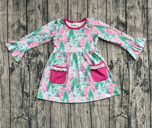 Baby Girls Long Ruffle Sleeves Trees Floral Pockets Knee Length Dresses