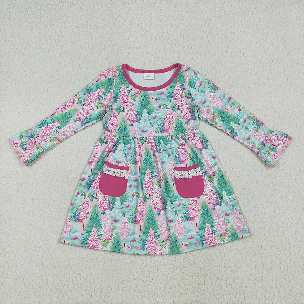 Baby Girls Long Ruffle Sleeves Trees Floral Pockets Knee Length Dresses