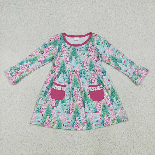 Baby Girls Long Ruffle Sleeves Trees Floral Pockets Knee Length Dresses