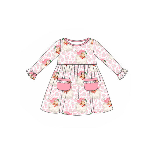 Baby Girls Long Ruffle Sleeves Pink Leopard Santa Pockets Knee Length Dress Preorder