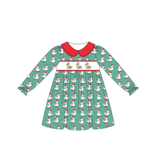 Baby Girls Green Long Ruffle Sleeves Ducks Plaid Knee Length Dress Preorder