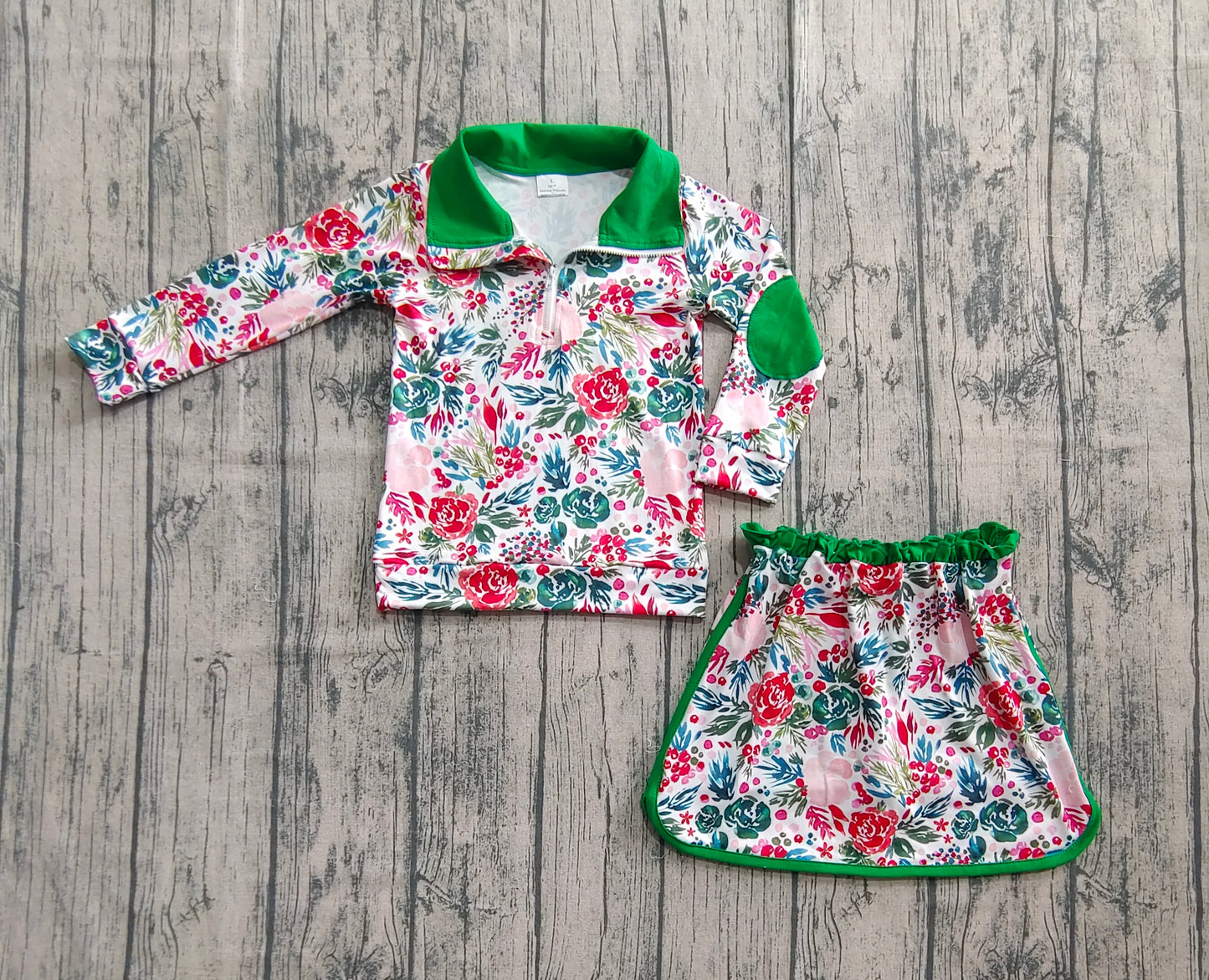 Baby Girls Long Sleeves Green Red Floral Zip Pullovers Top Skorts Clothes Set