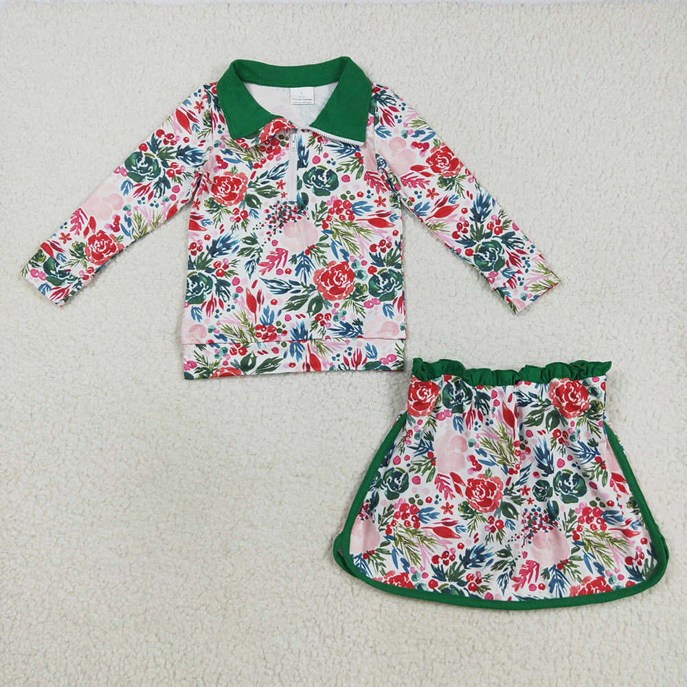 Baby Girls Long Sleeves Green Red Floral Zip Pullovers Top Skorts Clothes Set