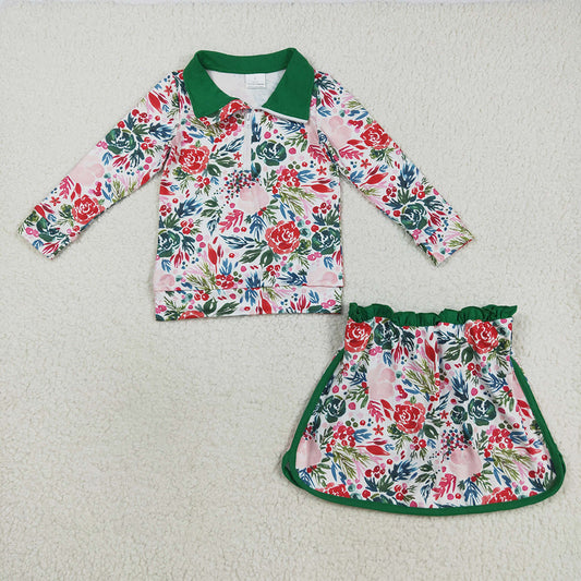 Baby Girls Long Sleeves Green Red Floral Zip Pullovers Top Skorts Clothes Set