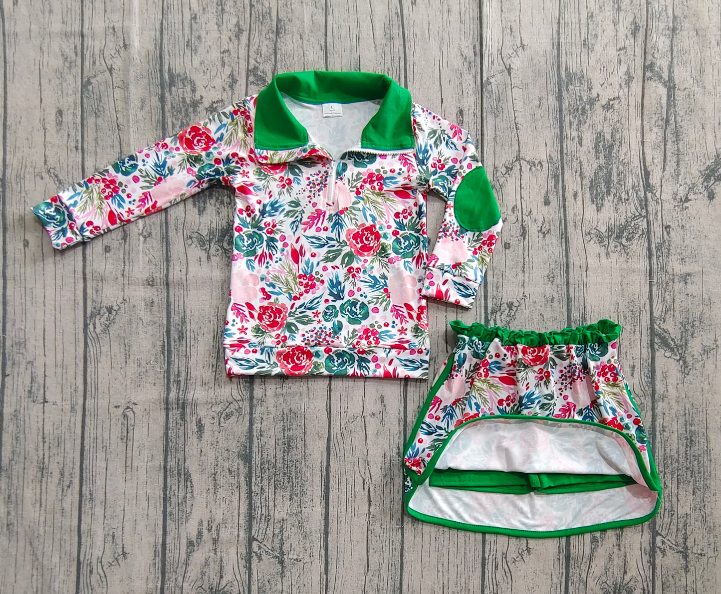 Baby Girls Long Sleeves Green Red Floral Zip Pullovers Top Skorts Clothes Set
