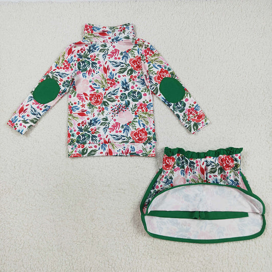 Baby Girls Long Sleeves Green Red Floral Zip Pullovers Top Skorts Clothes Set