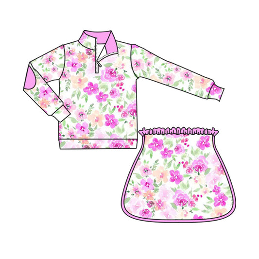 Baby Girls Long Sleeves Pink Floral Plaid Zipper Top Skirts Set Preorder