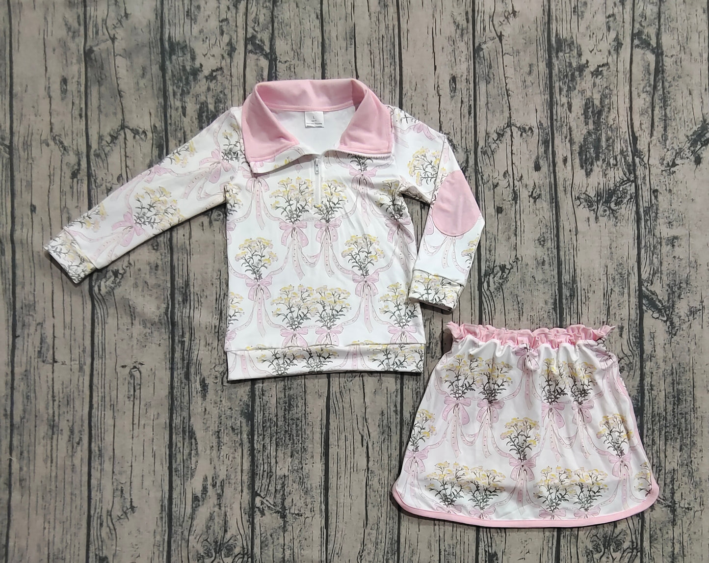 Baby Girls Pink Bows Flowers Plaid Half Zip Pullpvers Skorts Set