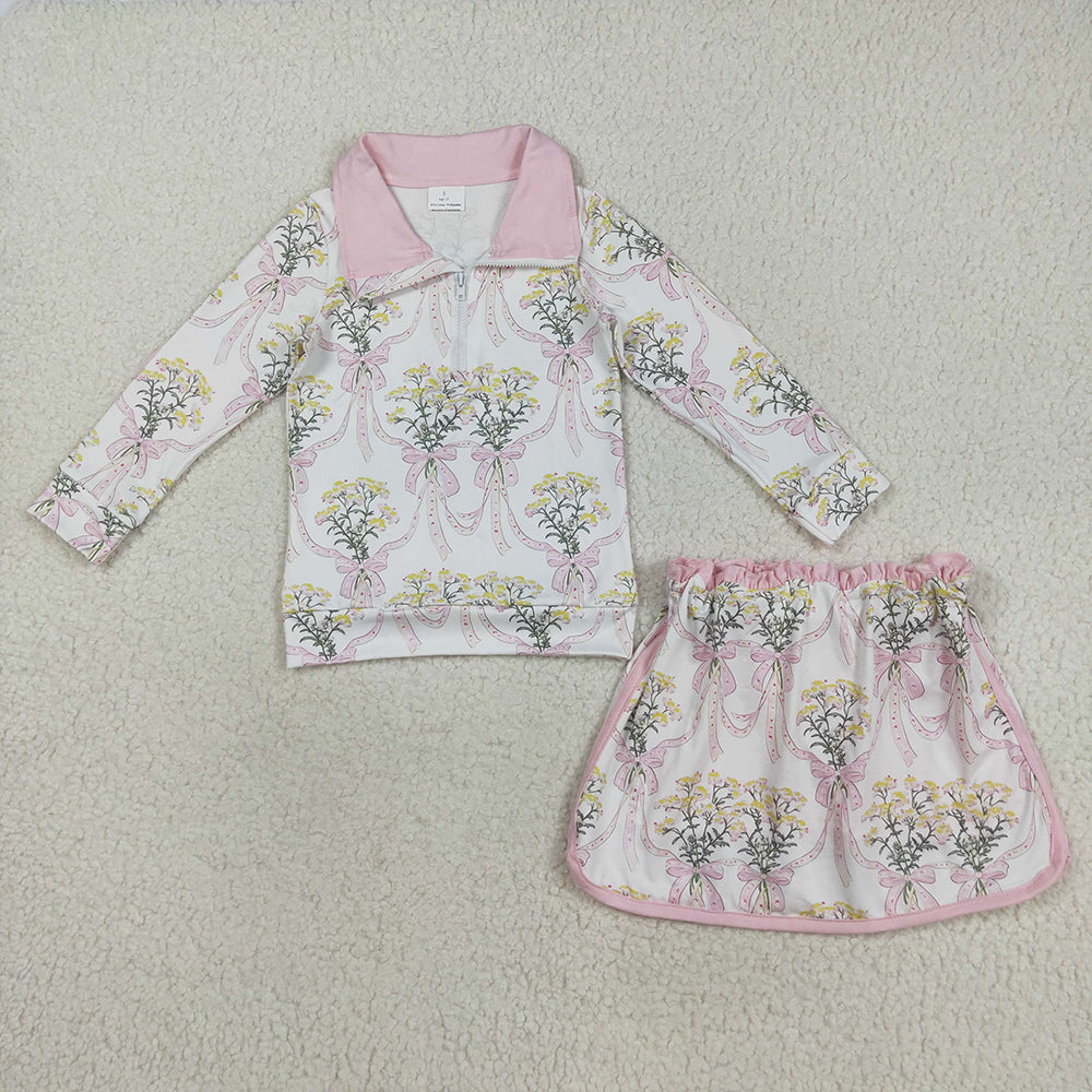 Baby Girls Pink Bows Flowers Plaid Half Zip Pullpvers Skorts Set
