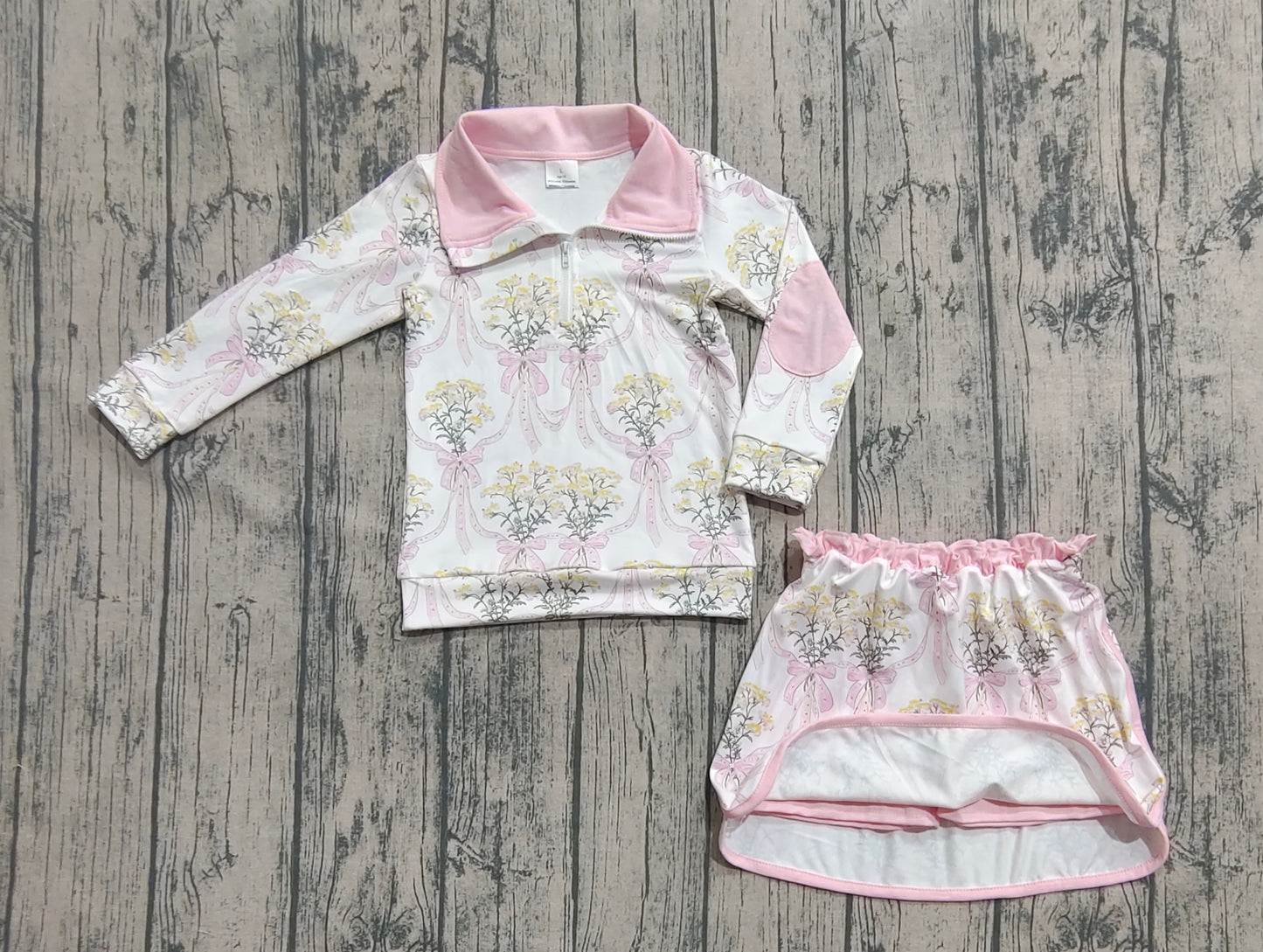 Baby Girls Pink Bows Flowers Plaid Half Zip Pullpvers Skorts Set
