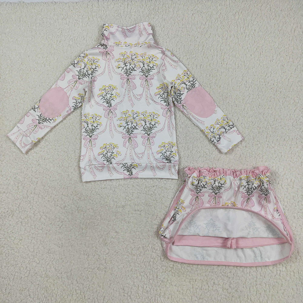 Baby Girls Pink Bows Flowers Plaid Half Zip Pullpvers Skorts Set