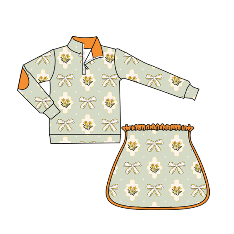 Preorder moq 5 Baby Girls Long Sleeves Aqua Bows Flowers Plaid Zipper Top Skirts Set