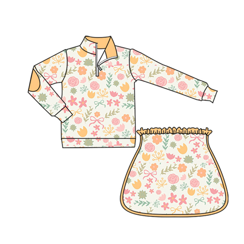 Preorder moq 5 Baby Girls Long Sleeves Pink Orange Flowers Zipper Top Skirts Set