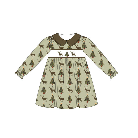 Baby Girls Olive Long Ruffle Sleeves Deer Trees Knee Length Dresses Preorder