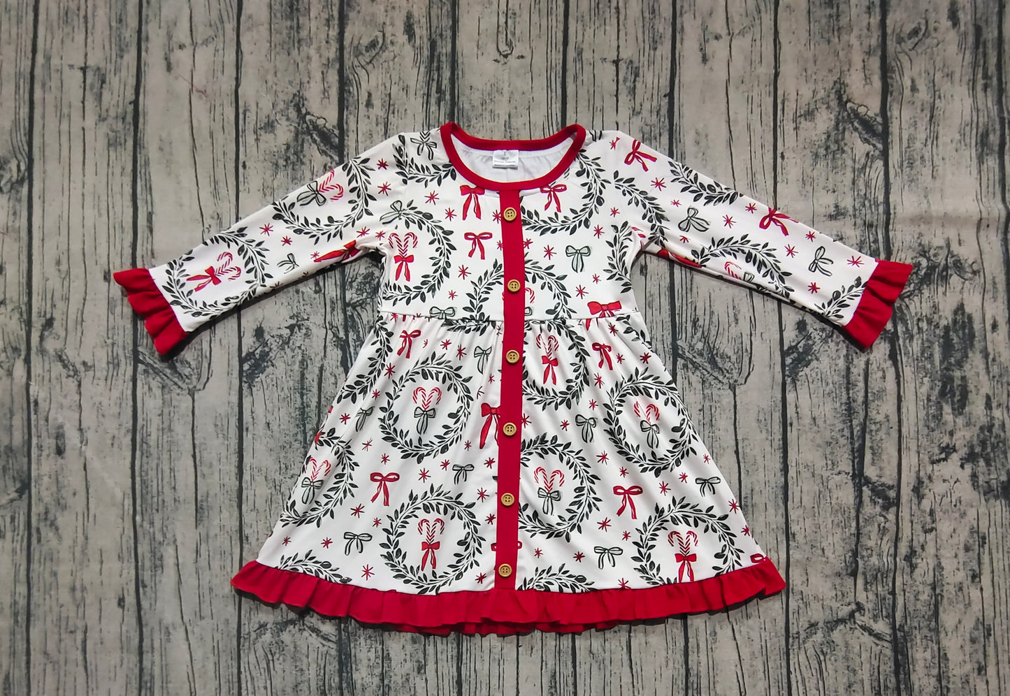 Baby Girls Christmas Green Red Bows Button Knee Length Dresses