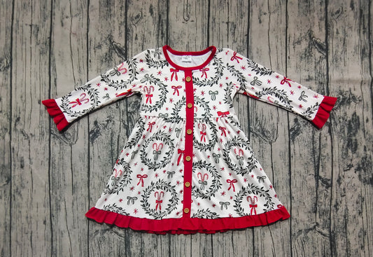 Baby Girls Christmas Green Red Bows Button Knee Length Dresses