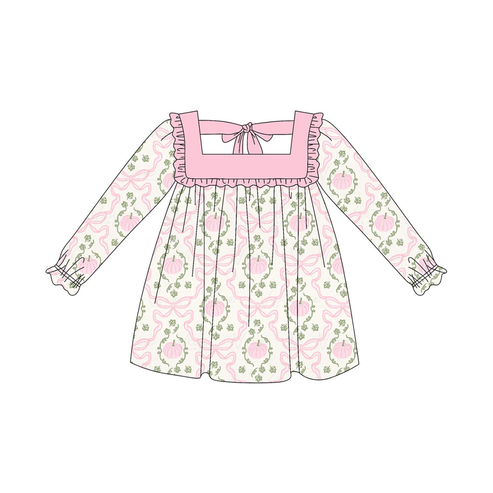 Preorder moq 5 Baby Girls Long Ruffle Sleeves Pink Pumpkins Bows Plaid Knee Length Dresses