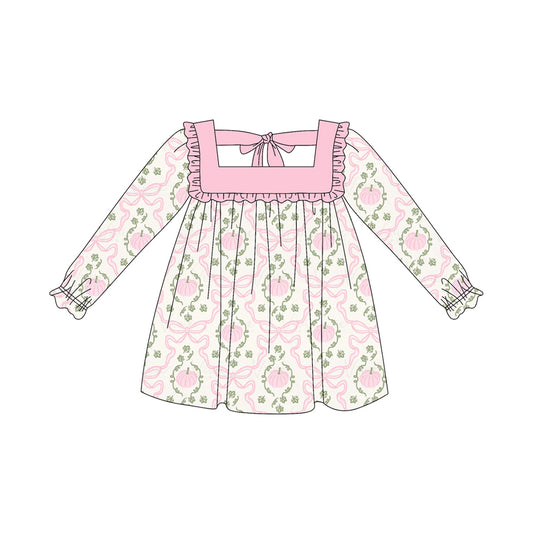 Preorder moq 5 Baby Girls Long Ruffle Sleeves Pink Pumpkins Bows Plaid Knee Length Dresses