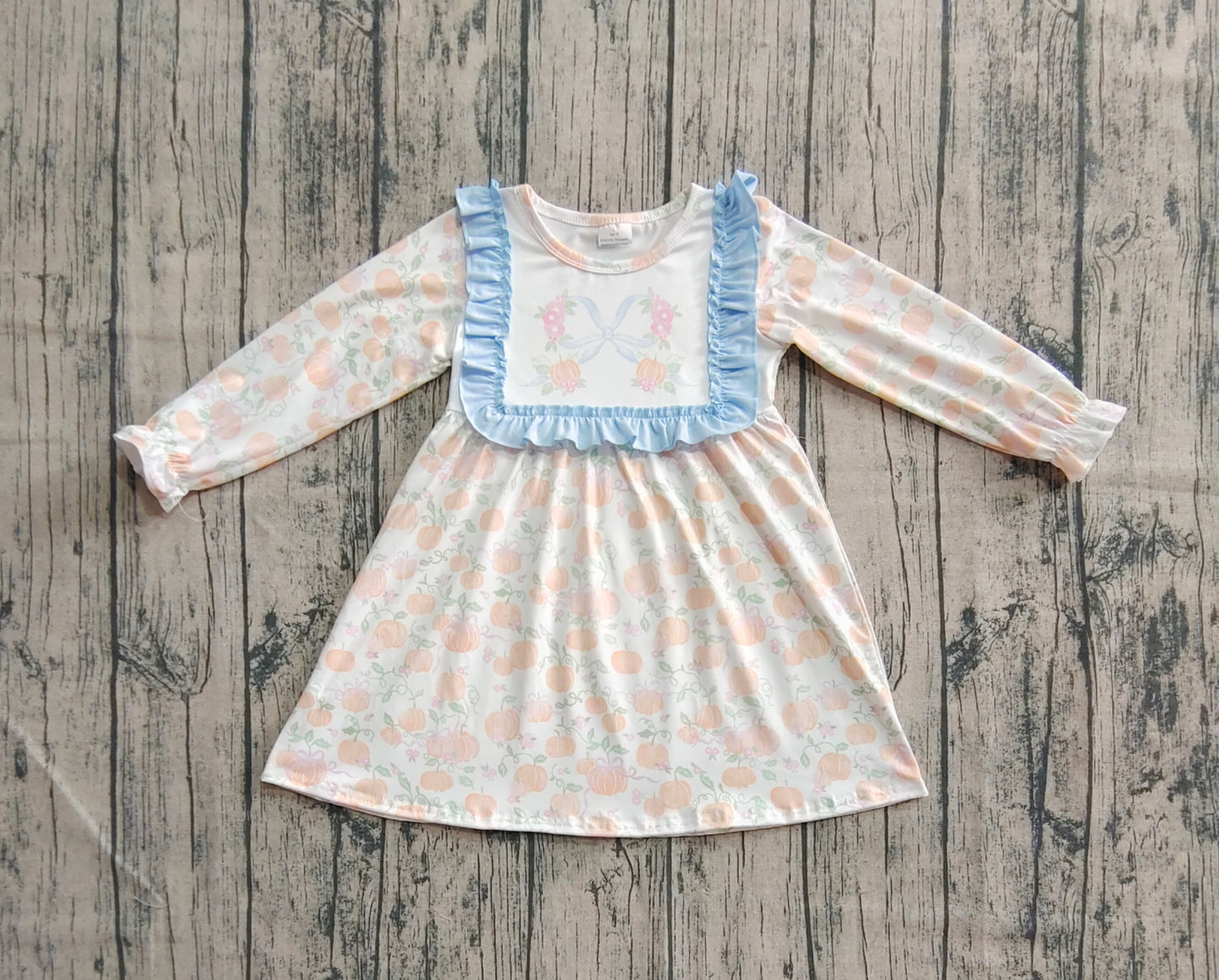 Baby Girls Long Ruffle Sleeves Light Blue Pumpkins Knee Length Dresses