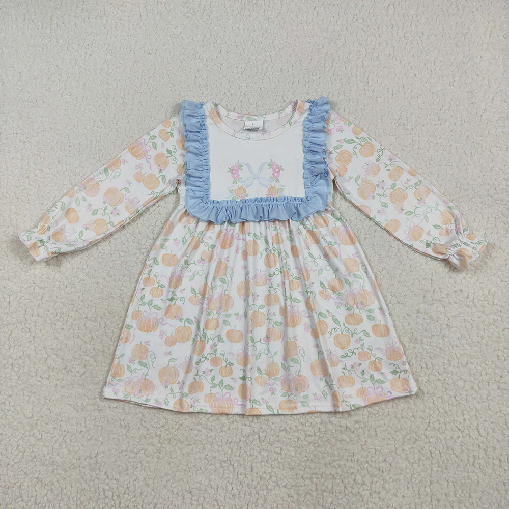 Baby Girls Long Ruffle Sleeves Light Blue Pumpkins Knee Length Dresses