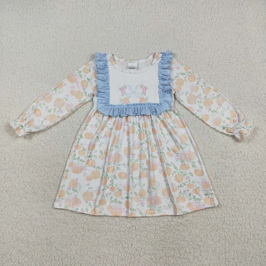 Baby Girls Long Ruffle Sleeves Light Blue Pumpkins Knee Length Dresses