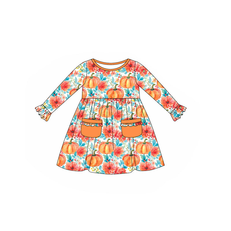 Baby Girls Orange Long Ruffle Sleeves Floral Pumpkins Pockets Knee Length Dresses Preorder