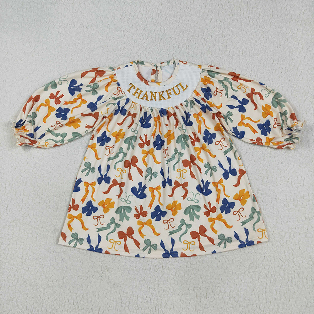 Sibling Smocked Embroidery Baby Girls Thanksgiving Thankful Colorful Bows Rompers Dresses