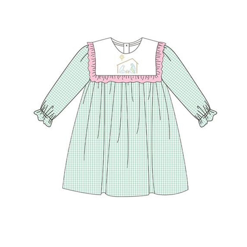 Baby Girls Aqua Plaid Long Ruffle Sleeves Jesus Knee Length Dresses Preorder