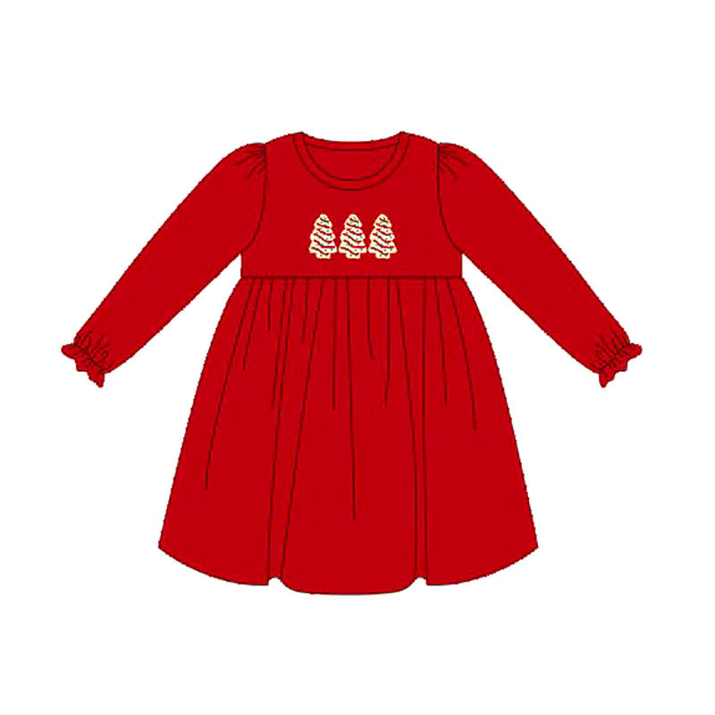 Baby Girls Red Long Ruffle Sleeves Trees Knee Length Dresses Preorder