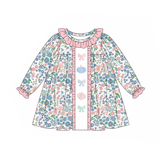 Preorder moq 5 Baby Girls Long Ruffle Sleeves Floral Bows Pumpkins Knee Length Dresses