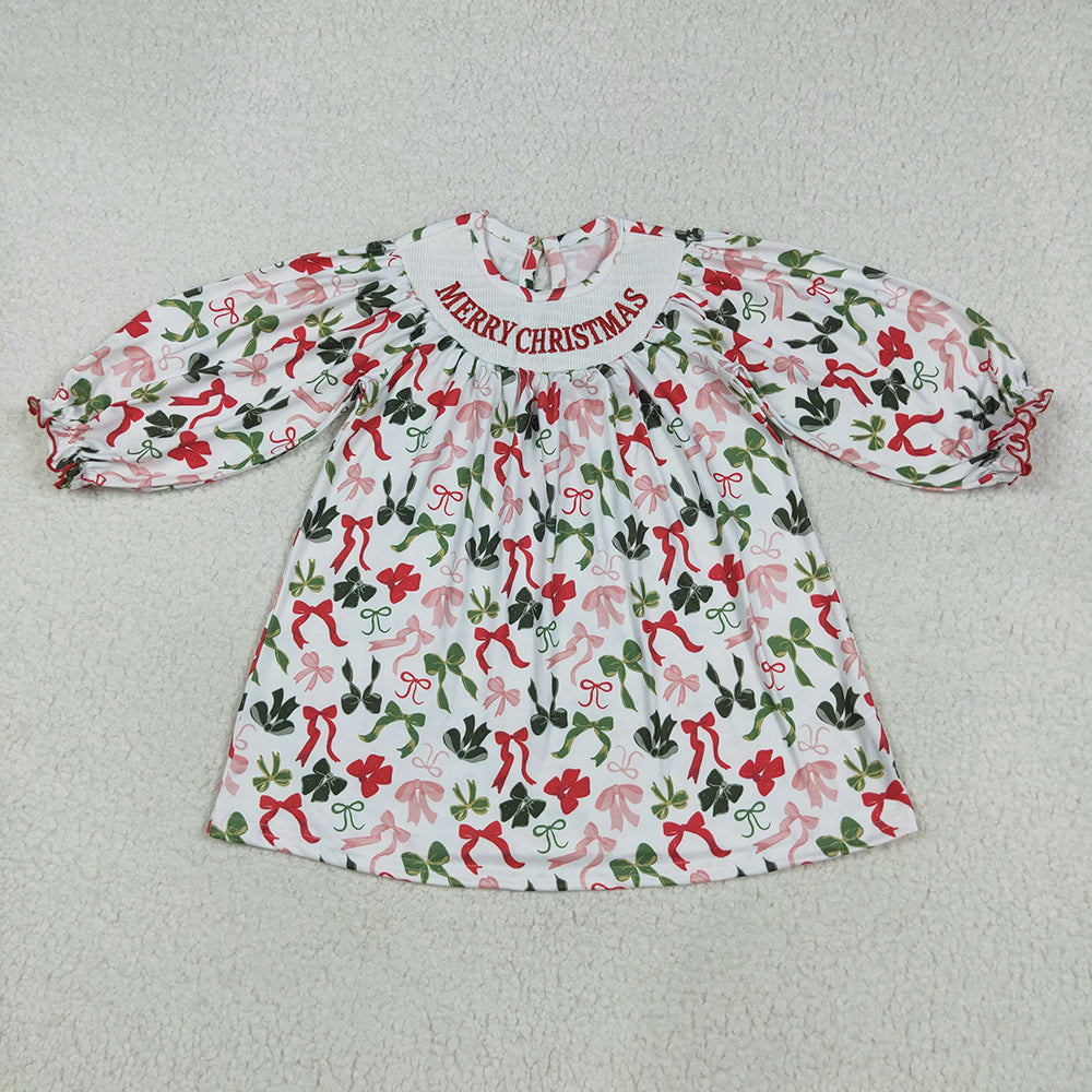 Baby Girls Smocked Embroidery Merry Christmas Colorful Bows Knee Length Dresses