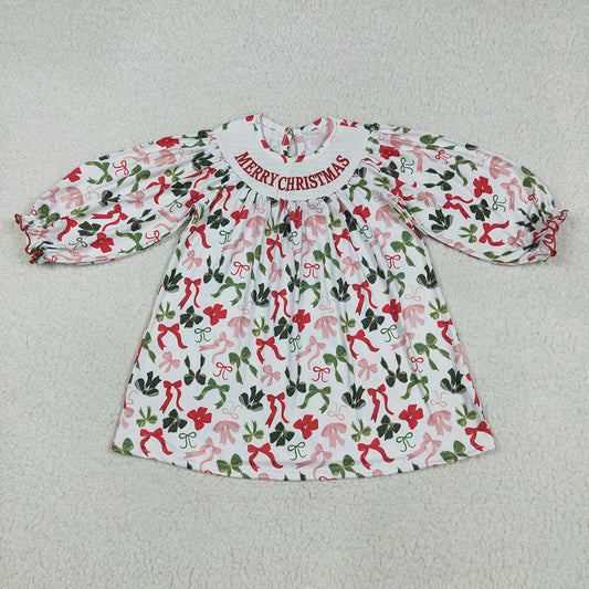 Baby Girls Smocked Embroidery Merry Christmas Colorful Bows Knee Length Dresses