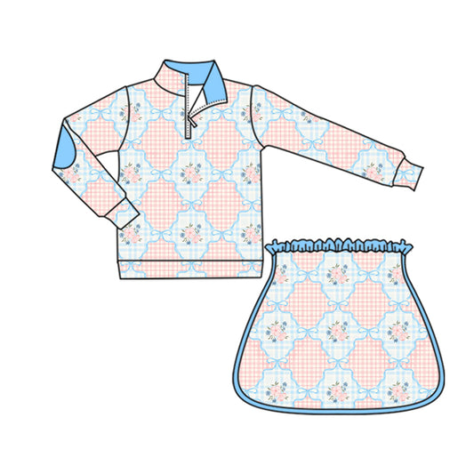 Preorder moq 5 Baby Girls Long Sleeves Pink Flowers Plaid Zipper Top Skorts Set