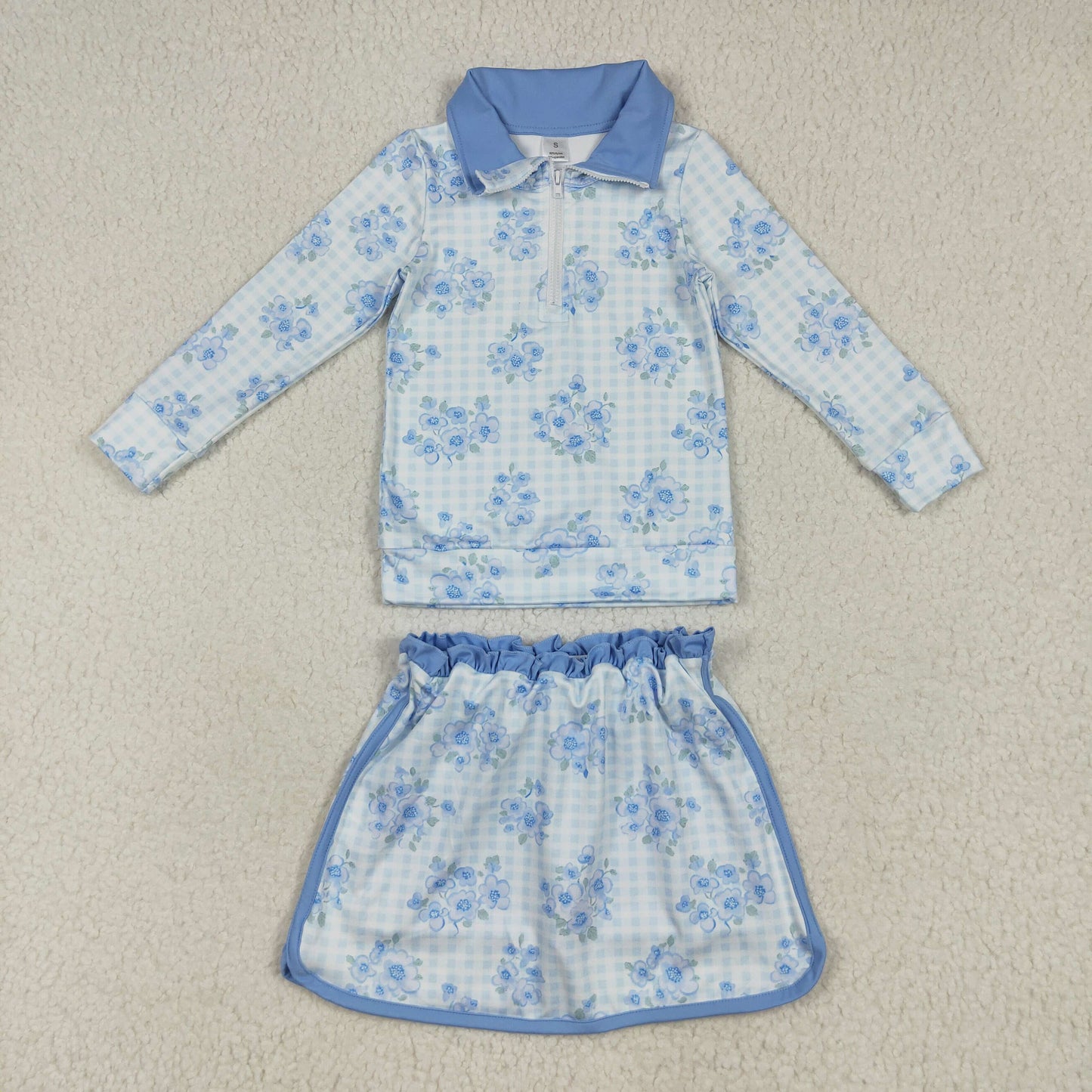 Baby Girls Long Sleeves Blue Flowers Plaid Zipper Top Skorts Yoga Sets