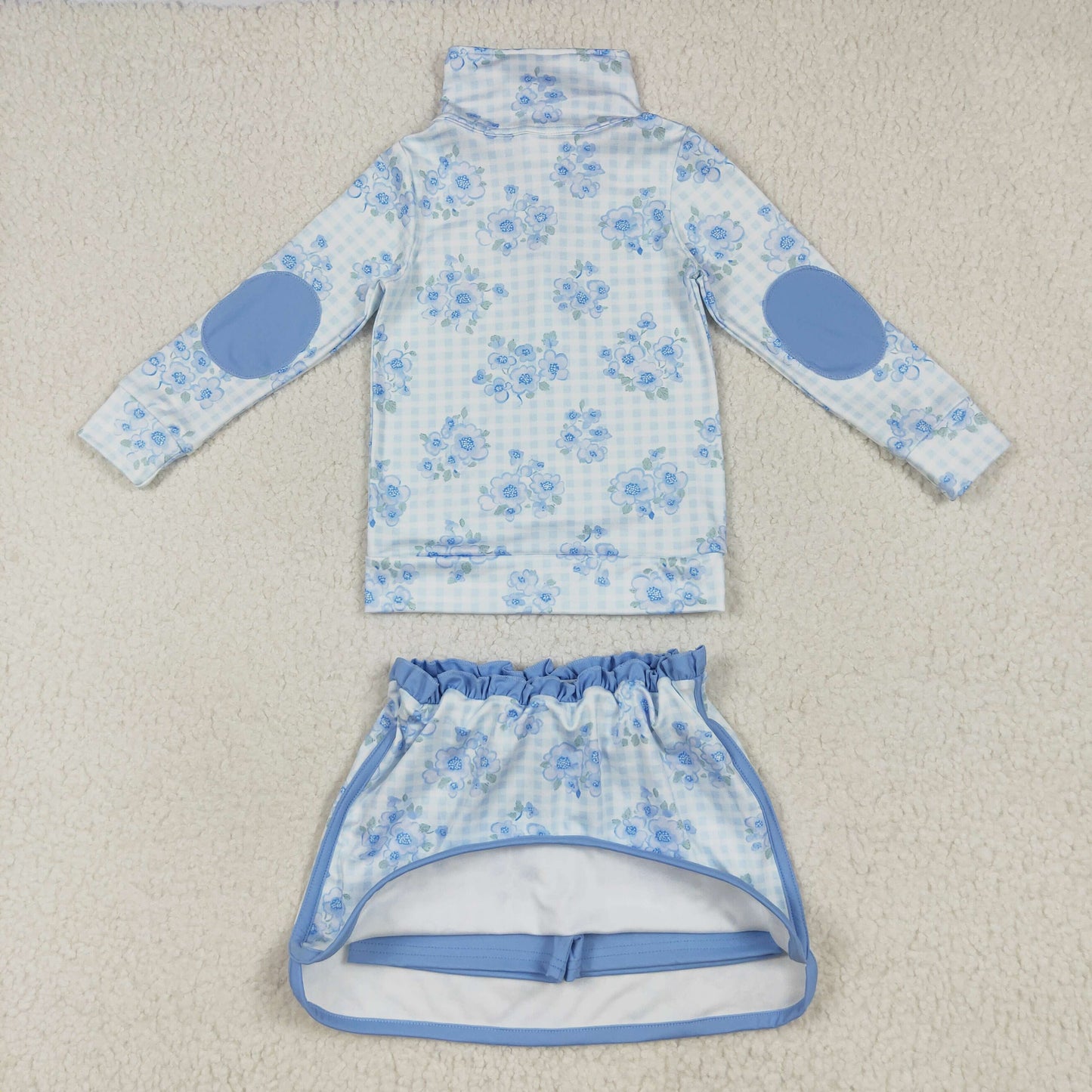 Baby Girls Long Sleeves Blue Flowers Plaid Zipper Top Skorts Yoga Sets