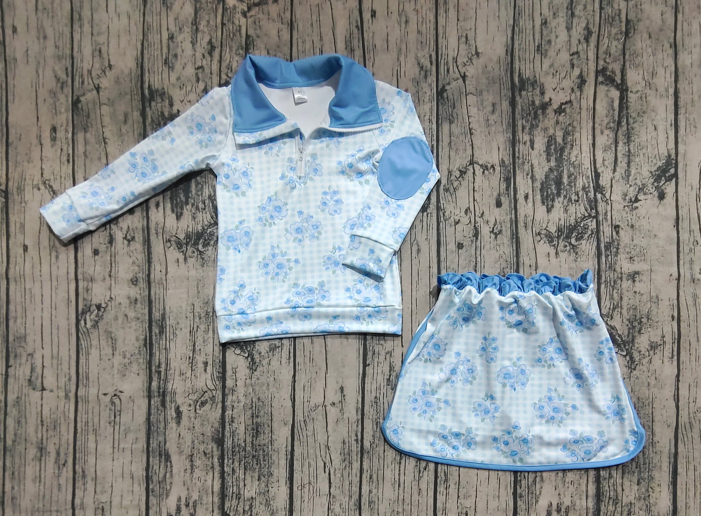 Baby Girls Long Sleeves Blue Flowers Plaid Zipper Top Skorts Yoga Sets