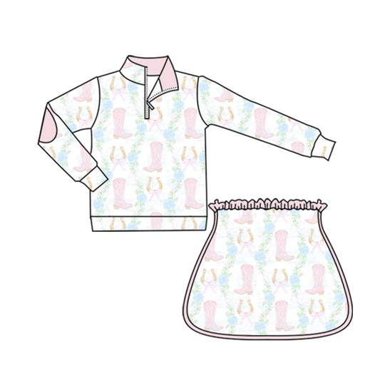 Preorder Baby Girls Pink Boots Flowers Zipper Pullovers Skorts Set