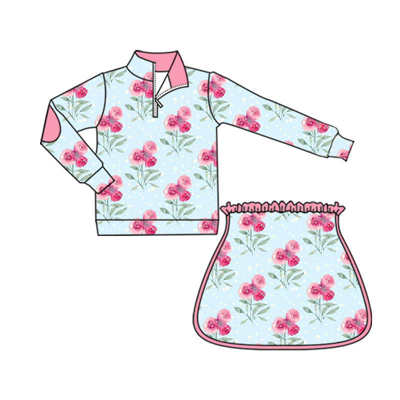 Baby Girls Long Sleeves Pink Flowers Zipper Top Skorts Yoga Set Preorder