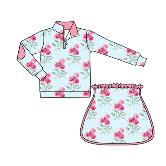 Baby Girls Long Sleeves Pink Flowers Zipper Top Skorts Yoga Set Preorder
