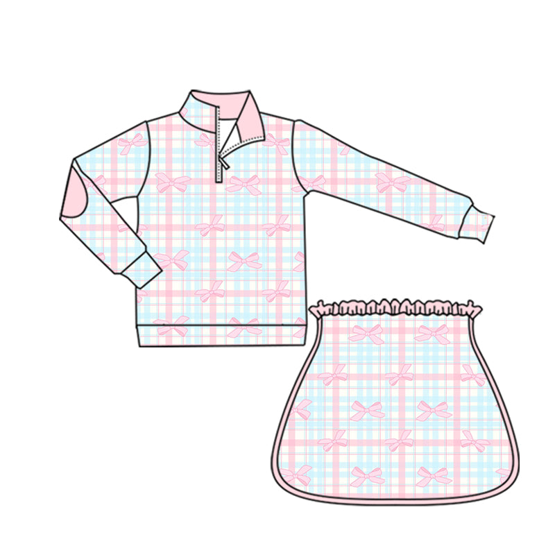 Preorder moq 5 Baby Girls Long Sleeves Pink Bows Plaid Zipper Top Skorts Set
