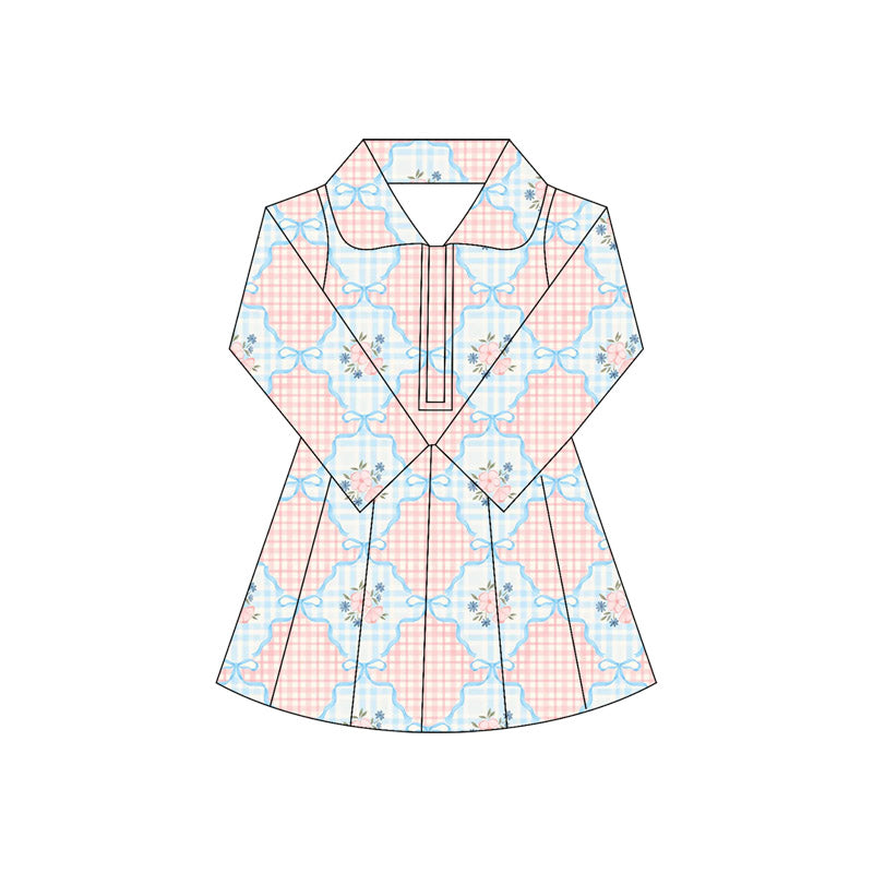 Baby Girls Long Sleeves Pink Flowers Plaid Zipper Knee Length Dresses Preorder